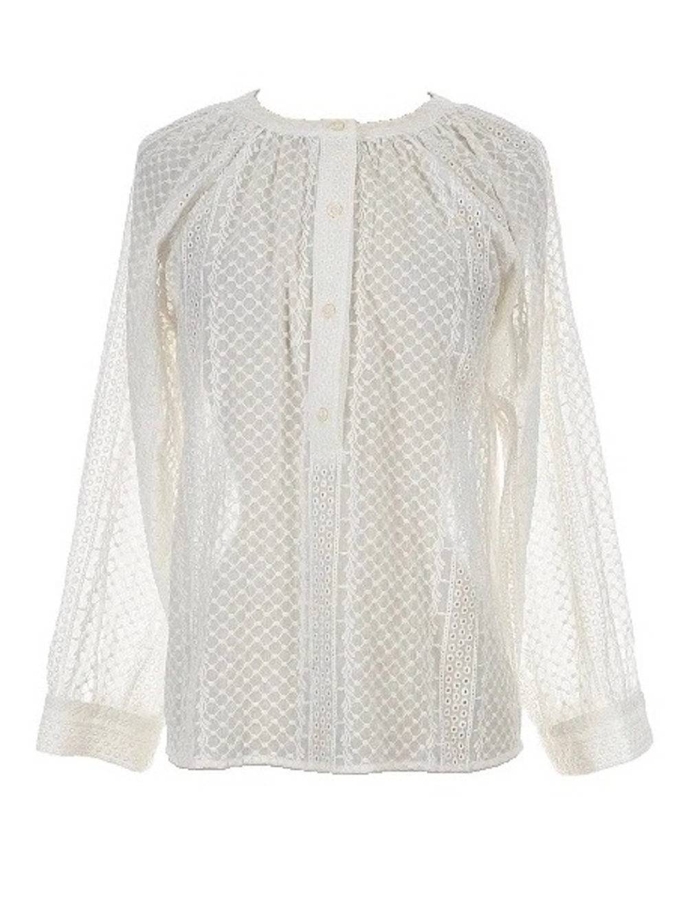Ann Taylor White S Clip Shirred Raglan Sleeve Top Blouse Eyelet Embroidered Lace